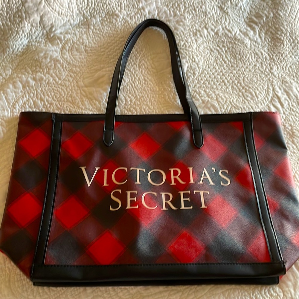 Victoria's Secret Red Black Plaid Holiday Weekender Tote Bag